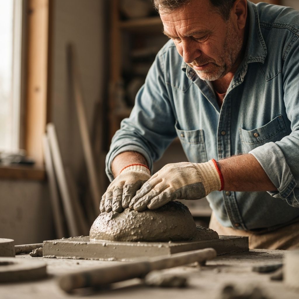 Mãos do artesão moldando concreto com cuidado e precisão