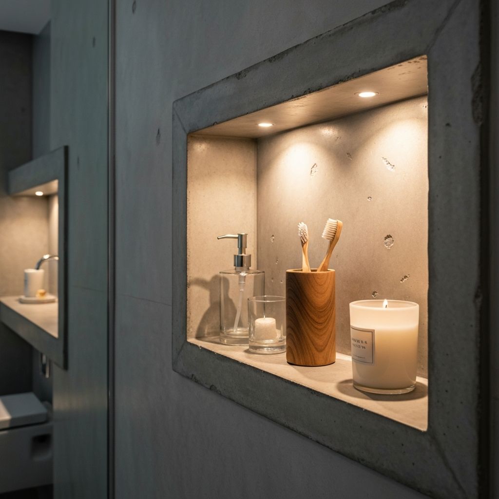 Nicho de embutir em concreto em banheiro minimalista de luxo